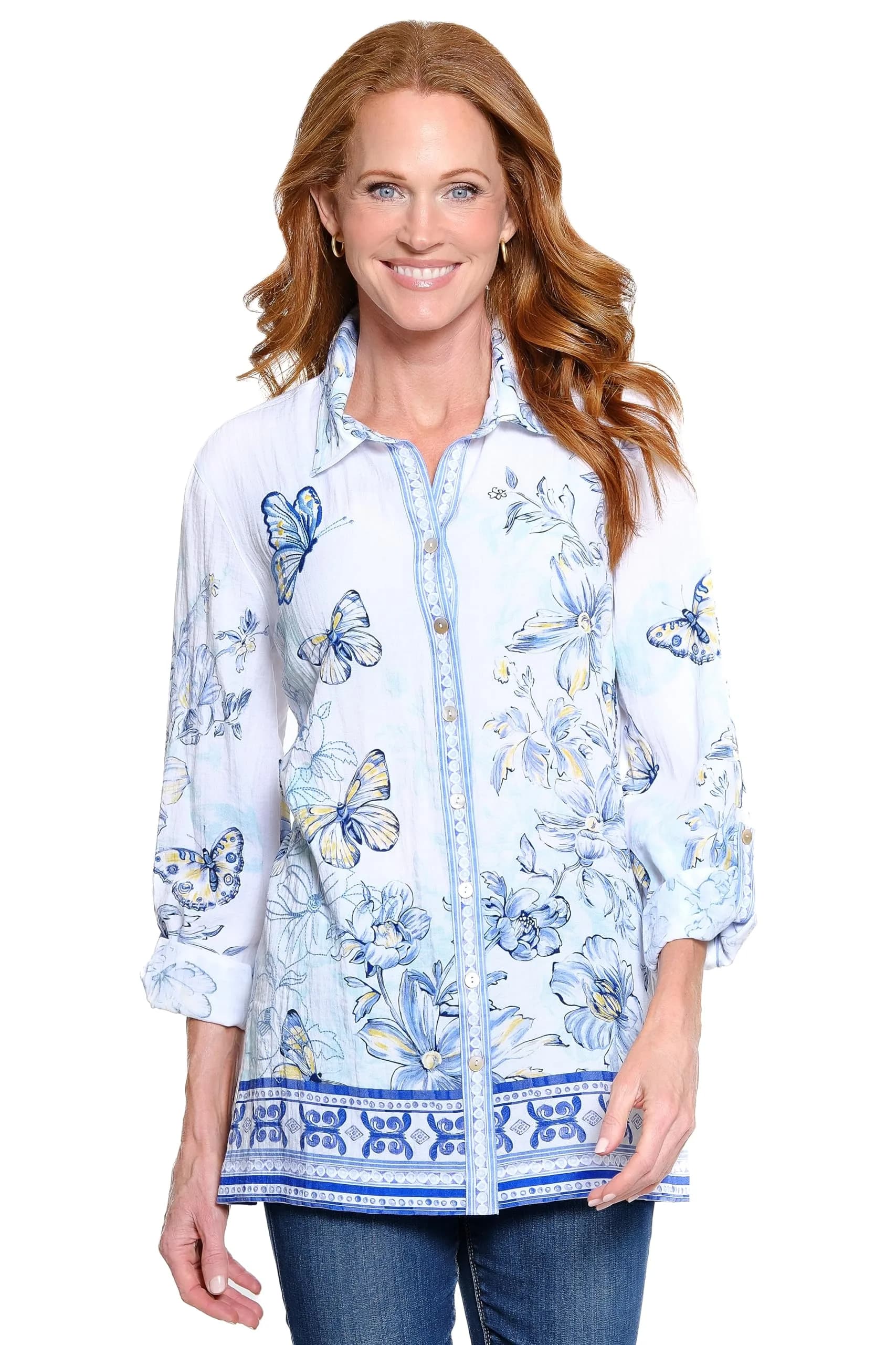 john mark Womens Tunic | Embroidered Stripe Front with Roll Tab Sleeves (Off White | 2X) — Multi Pink