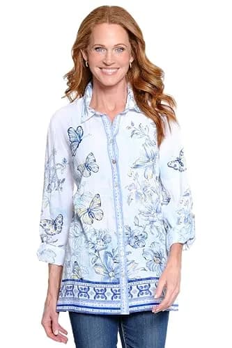 john mark Womens Tunic | Embroidered Stripe Front with Roll Tab Sleeves (Off White | 2X) thumbnail 1