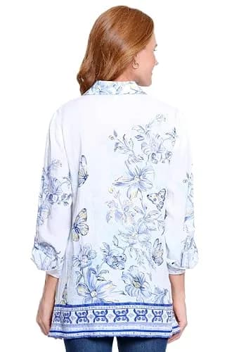 john mark Womens Tunic | Embroidered Stripe Front with Roll Tab Sleeves (Off White | 2X) thumbnail 2
