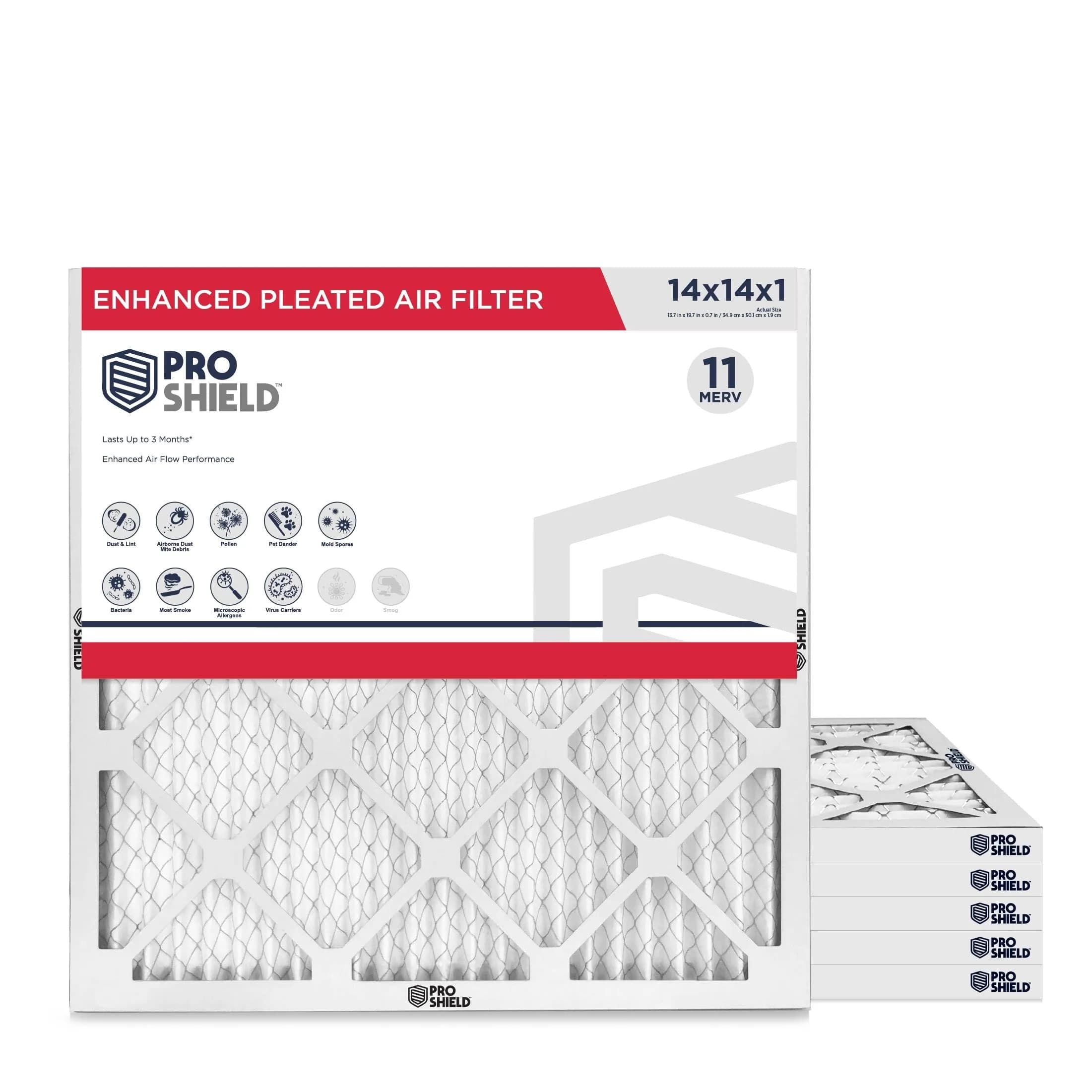 Proshield 14x25x1 MERV 11 Pleated HVAC Air Filter | 6 Pack for Dust & Allergens — 14" x 14" x 1"