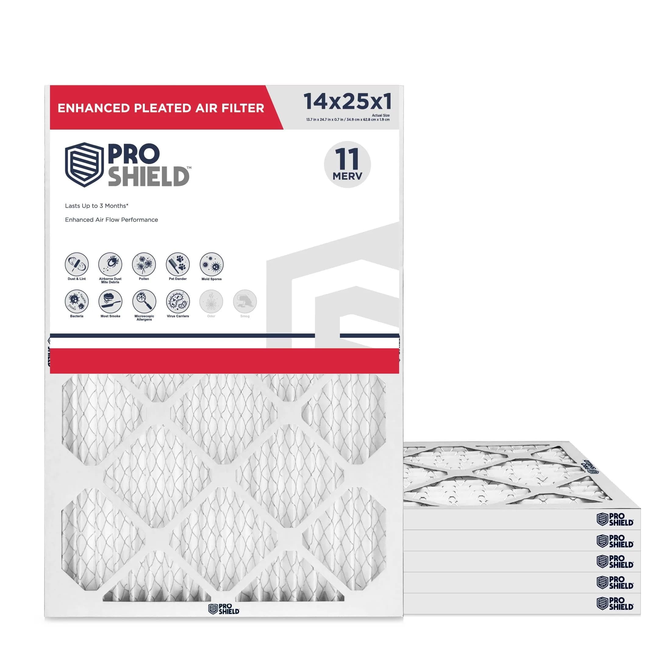 Proshield 14x25x1 MERV 11 Pleated HVAC Air Filter | 6 Pack for Dust & Allergens