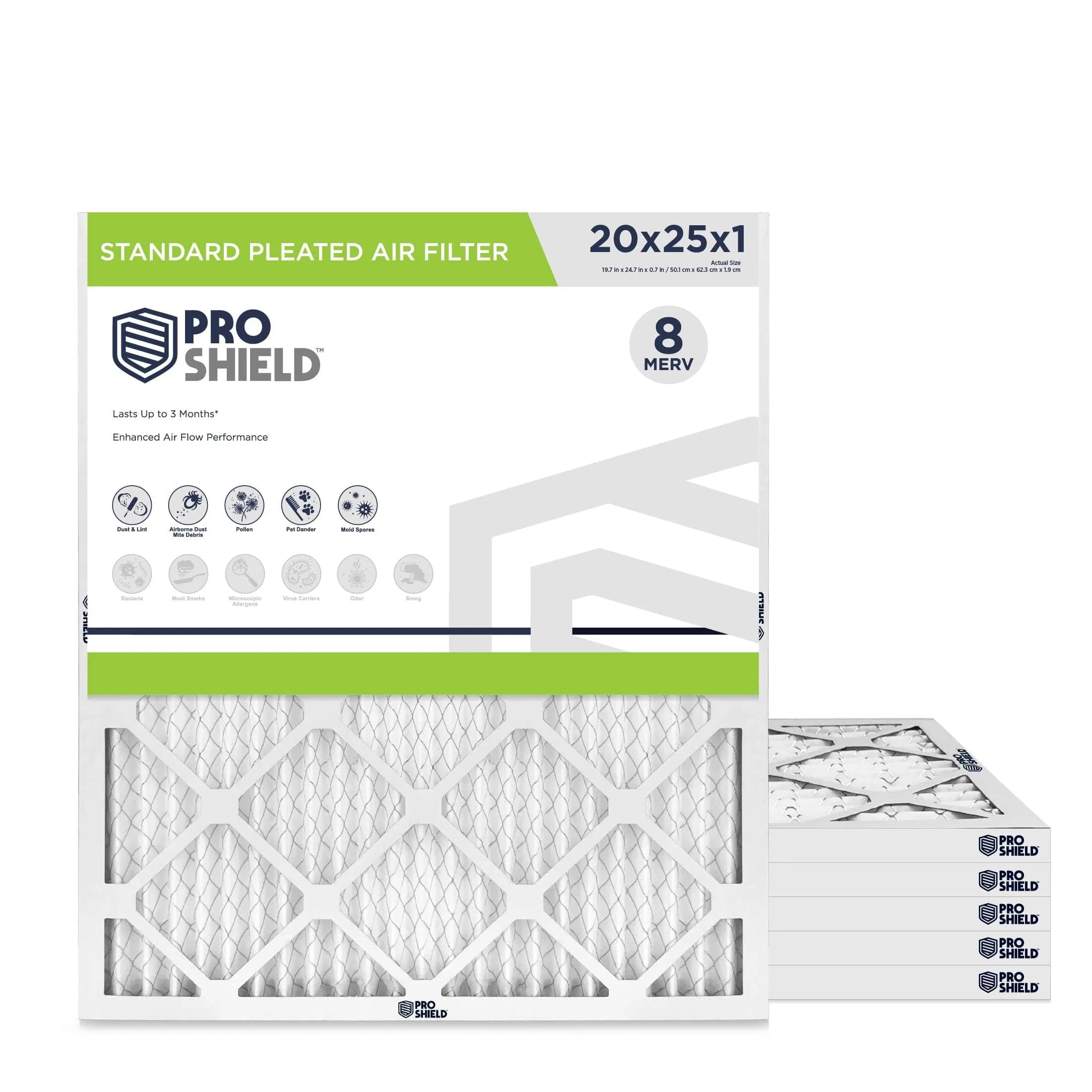 Proshield 20x25x1 MERV 8 HVAC Air Filter | 6 Pack, USA Made, 3-Month Life