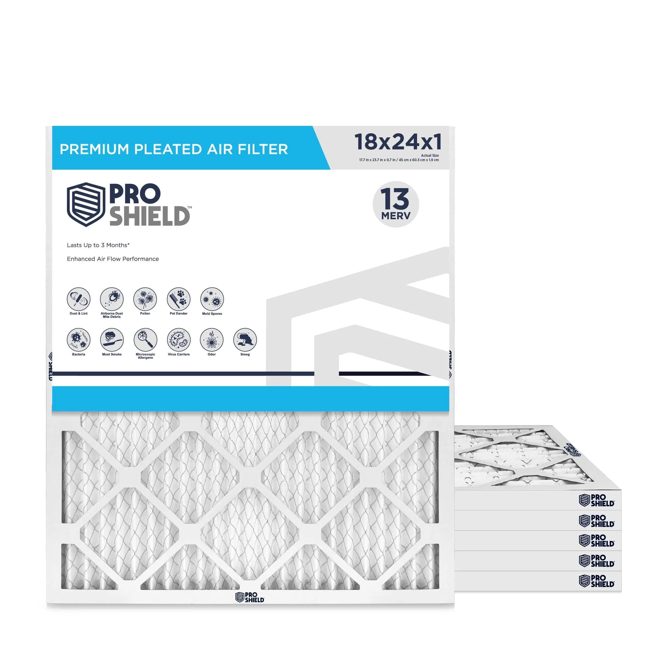ProShield 18x24x1 MERV 13 Pleated HVAC Air Filter 6-Pack | Captures 90% of 1-3 Micron Particles — 18" x 24" x 1"