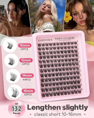 Goddvenus Natural Wispy Lash Clusters 132pcs | Fluffy CD Curl DIY Individual Eyelash Extensions (10-16mm) thumbnail 4