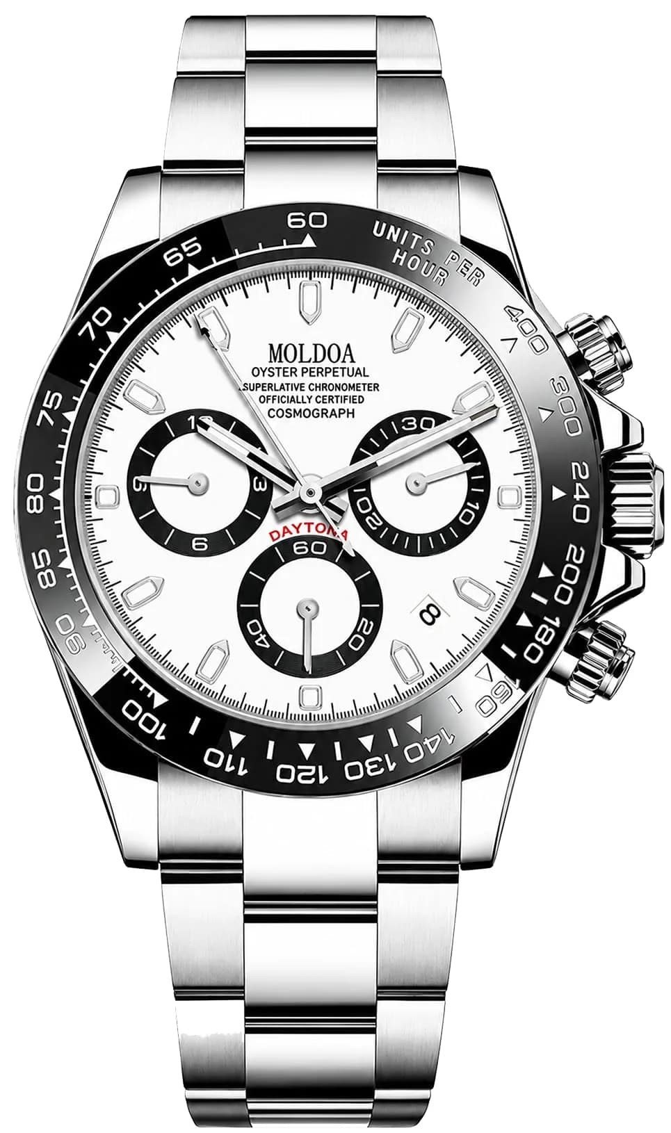 MASTOP Men's Panda Chronograph Quartz Watch 44mm (1.73 in) | Luxury Sports Watch with Silicone Strap — T Steel White
