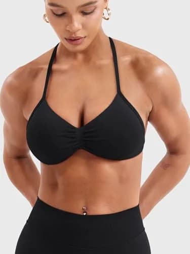 YEOREO Impact Sports Halter Bra for Women | Backless, Padded, High Support, Black, Medium thumbnail 5