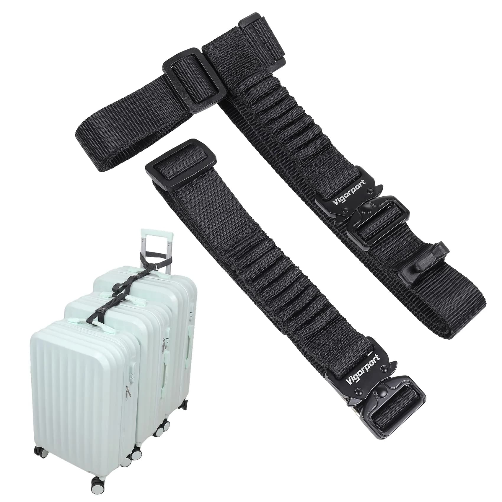 Vigorport Luggage Straps, Metal Buckle Connector Straps for Suitcases (2-Pack, Black) | Connect Multiple Bags Easily — Black-All Metal Buckle