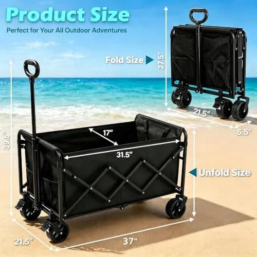 LIAPOTT Utility Cart Wagon 500lbs Heavy Duty Foldable Collapsible Garden Trolley with All-Terrain Wheels & Drink Holders thumbnail 4