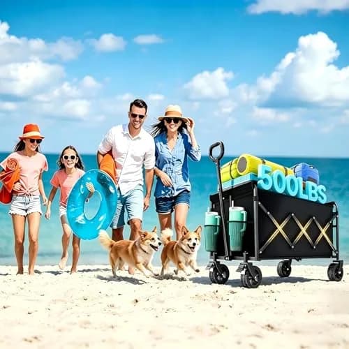 LIAPOTT Utility Cart Wagon 500lbs Heavy Duty Foldable Collapsible Garden Trolley with All-Terrain Wheels & Drink Holders thumbnail 7