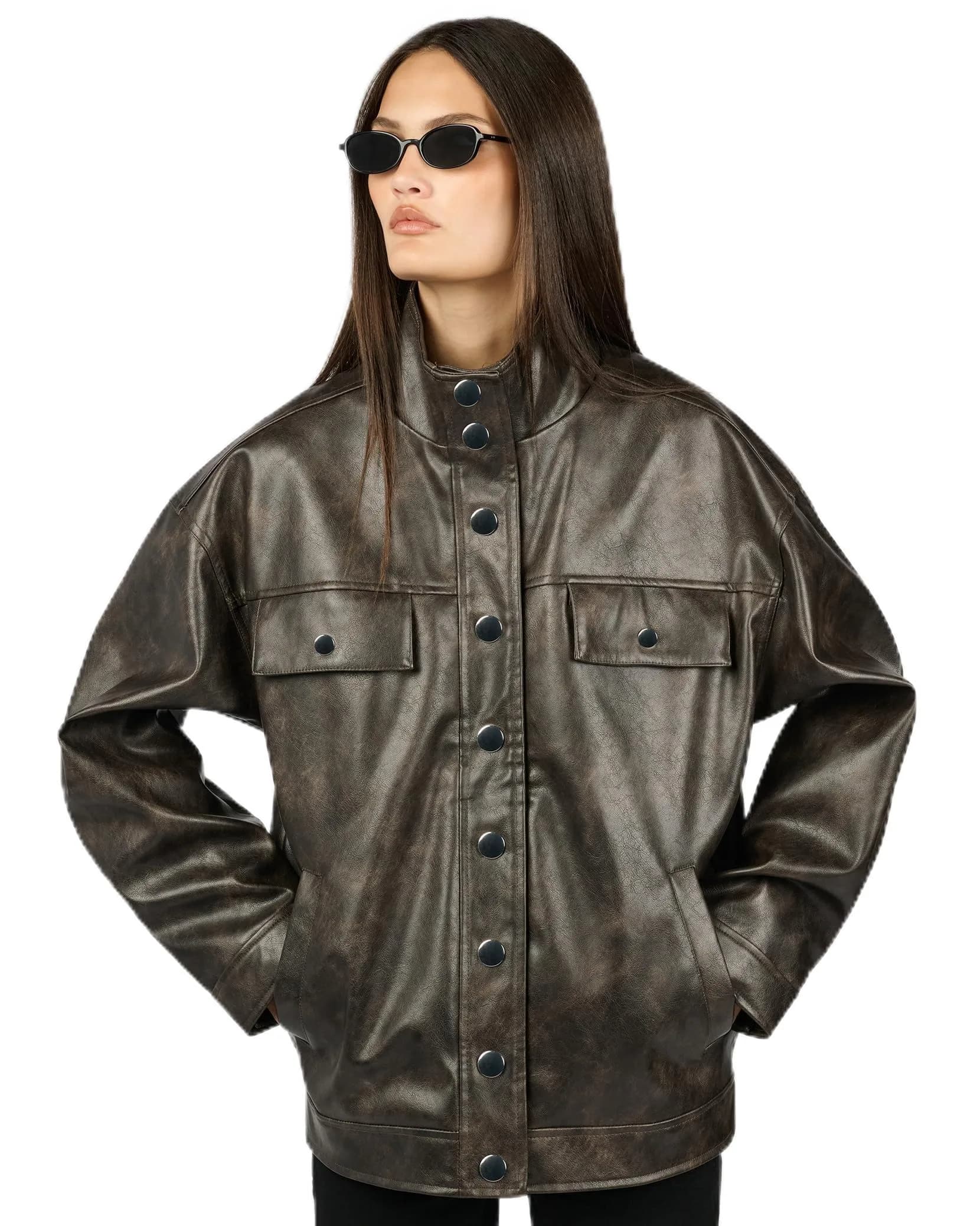 WEWOREWHAT Women's 90's Leather Jacket, Dark Brown, Medium | Classic Leather Style for Women