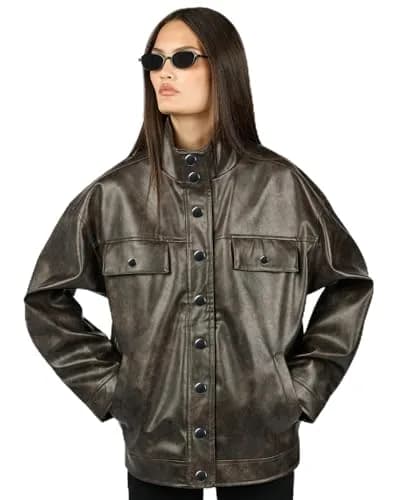 WEWOREWHAT Women's 90's Leather Jacket, Dark Brown, Medium | Classic Leather Style for Women thumbnail 1