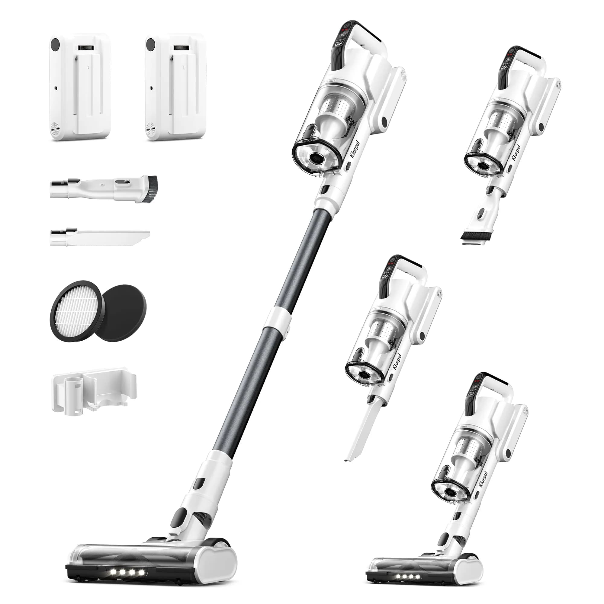 Klarpul Cordless Vacuum Cleaner 2 Batteries 140 Mins | 50Kpa Strong Suction, Self-Standing, 5-Stage HEPA, 3 Modes, 1.8L Dust Cup, White