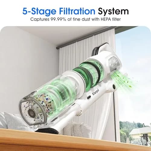 Klarpul Cordless Vacuum Cleaner 2 Batteries 140 Mins | 50Kpa Strong Suction, Self-Standing, 5-Stage HEPA, 3 Modes, 1.8L Dust Cup, White thumbnail 8