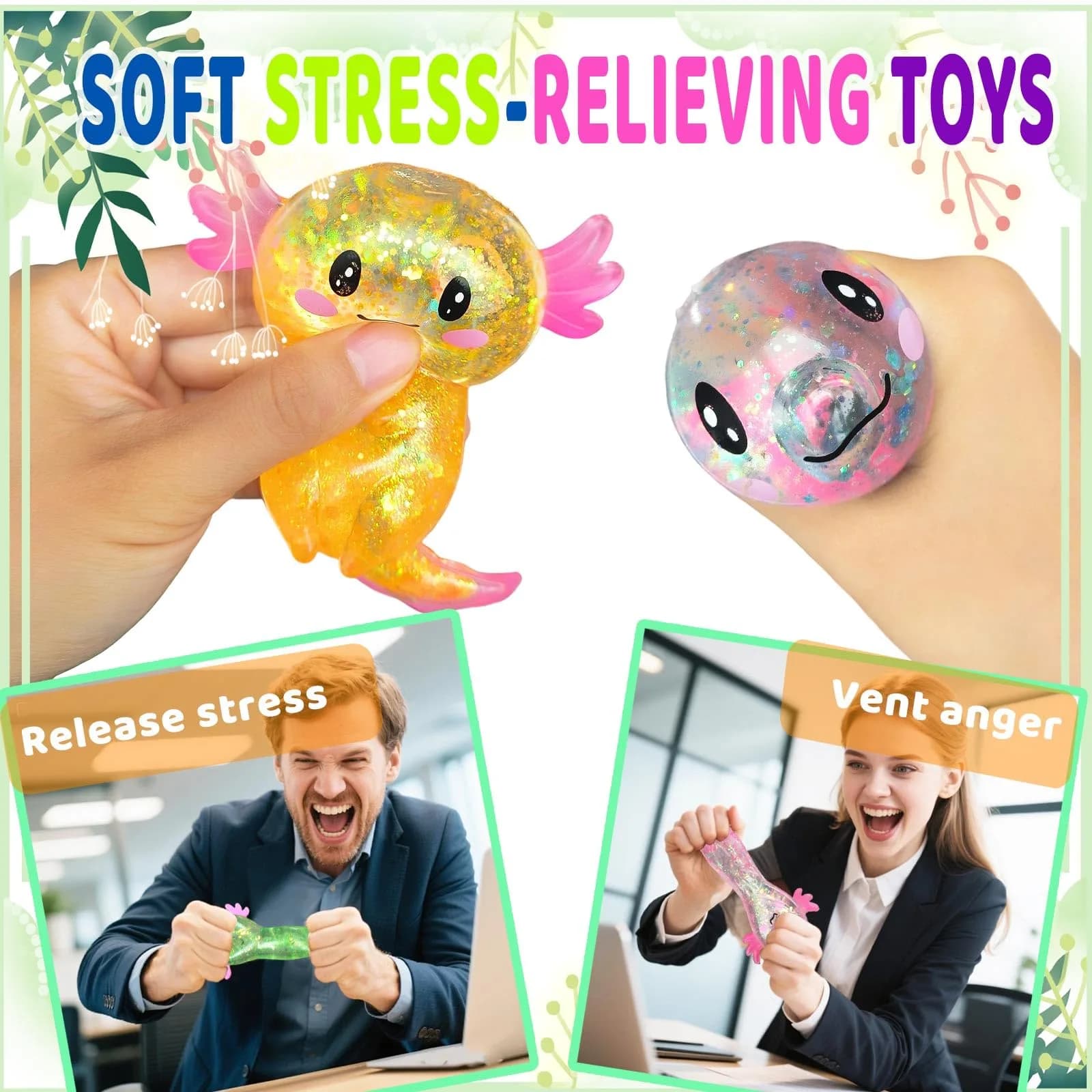 Puffwize Axolotl Squishy Stress Relief Toy Glitter Fidget Toy 9cm (3.54in) | Non-Toxic, BPA-Free, ASTM-Tested - view 6