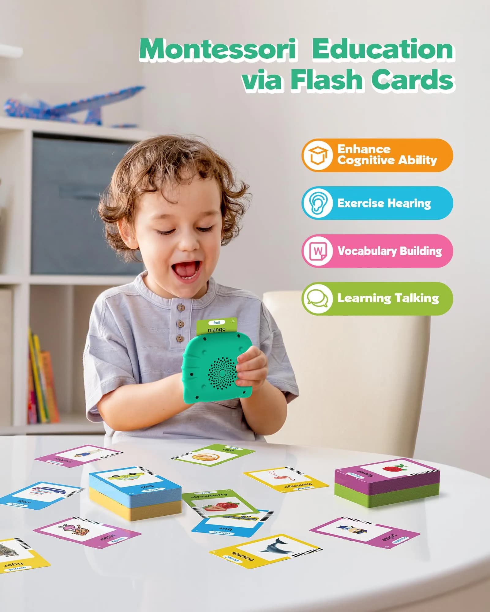 Airbition Talking Flash Cards for Toddlers 1-4 Years, Green | Montessori Language Learning Device with 224 Words - view 3