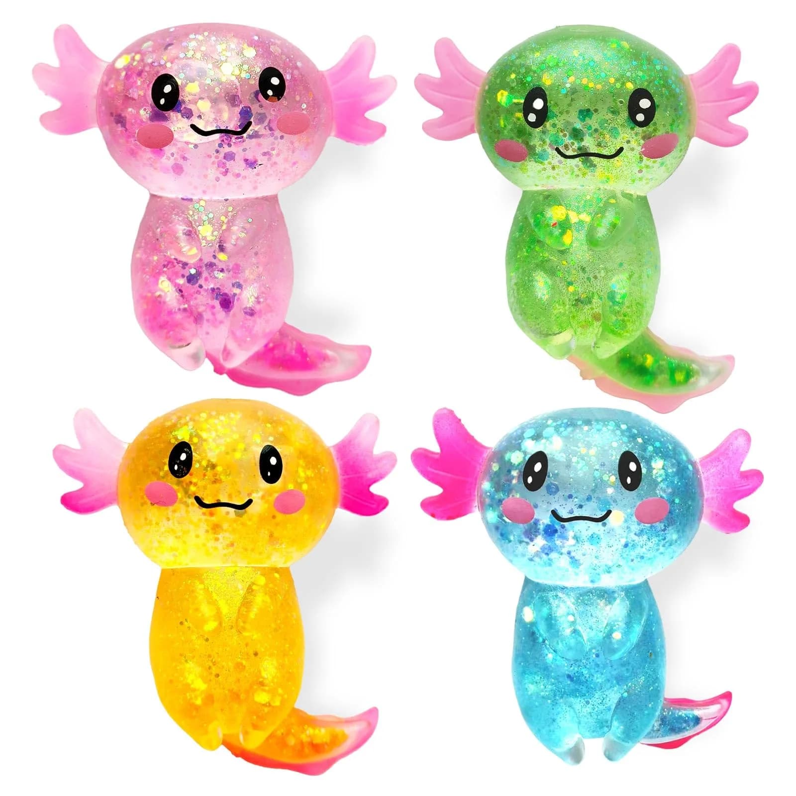 Puffwize 4pcs Axolotl Squishy Stress Relief Toy Glitter Fidget Toys for Kids & Adults | Anxiety & Focus Aid