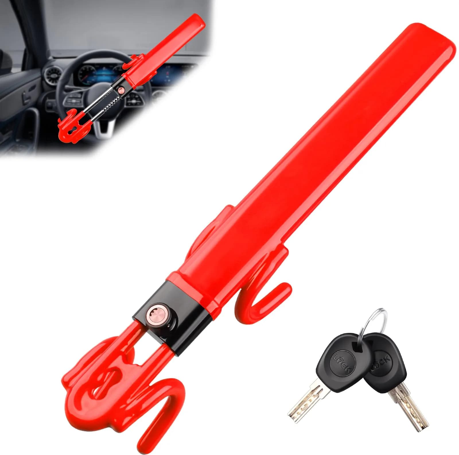 NOEAIKE Heavy Duty Steering Wheel Lock with 2 Keys | Adjustable Carbon Steel Anti-Theft Device for Cars (Red, 1.83 kg) - main product image