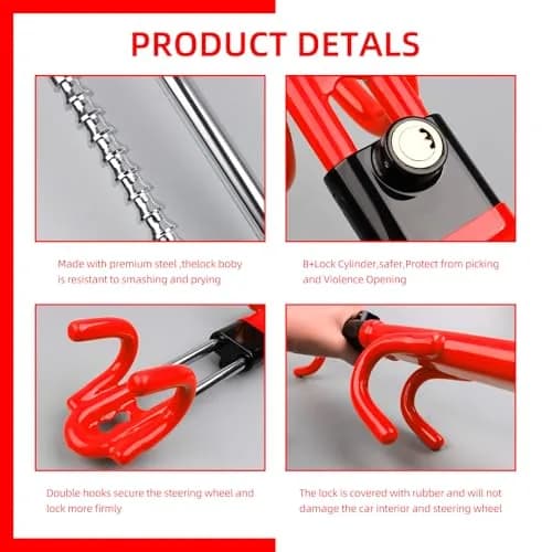 NOEAIKE Heavy Duty Steering Wheel Lock with 2 Keys | Adjustable Carbon Steel Anti-Theft Device for Cars (Red, 1.83 kg) thumbnail 4