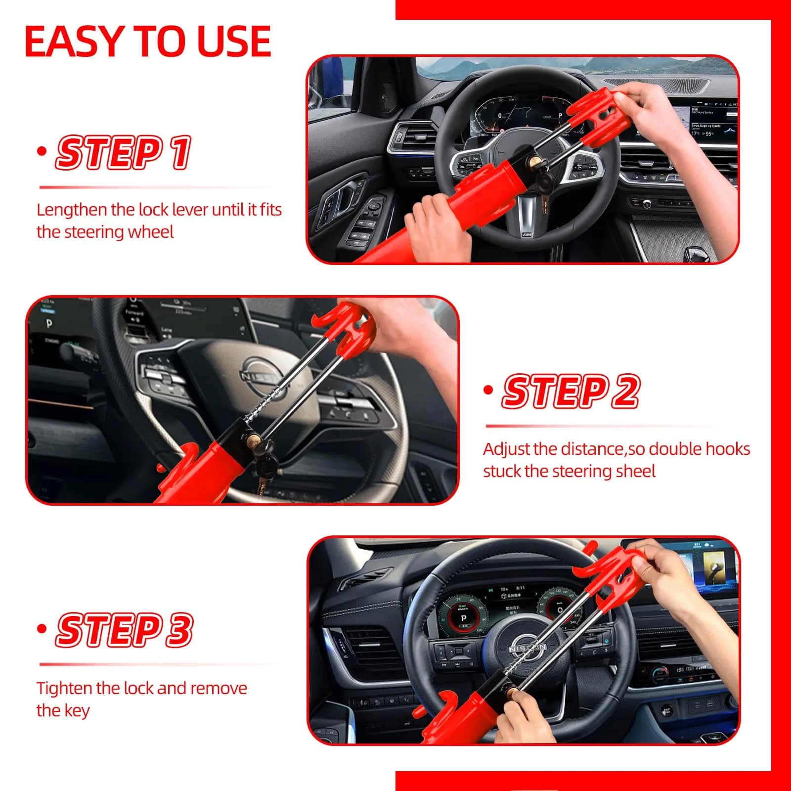 NOEAIKE Heavy Duty Steering Wheel Lock with 2 Keys | Adjustable Carbon Steel Anti-Theft Device for Cars (Red, 1.83 kg) - view 5