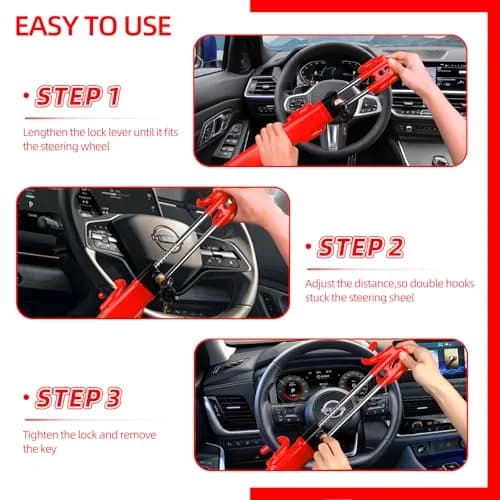NOEAIKE Heavy Duty Steering Wheel Lock with 2 Keys | Adjustable Carbon Steel Anti-Theft Device for Cars (Red, 1.83 kg) thumbnail 5