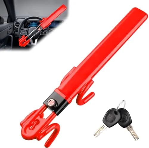 NOEAIKE Heavy Duty Steering Wheel Lock with 2 Keys | Adjustable Carbon Steel Anti-Theft Device for Cars (Red, 1.83 kg) thumbnail 1