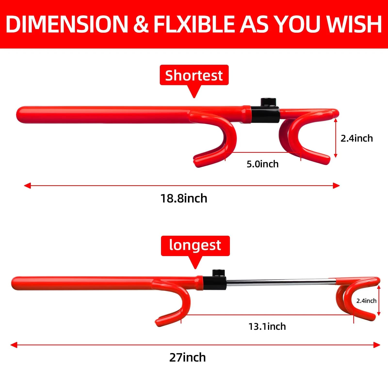 NOEAIKE Heavy Duty Steering Wheel Lock with 2 Keys | Adjustable Carbon Steel Anti-Theft Device for Cars (Red, 1.83 kg) - view 2