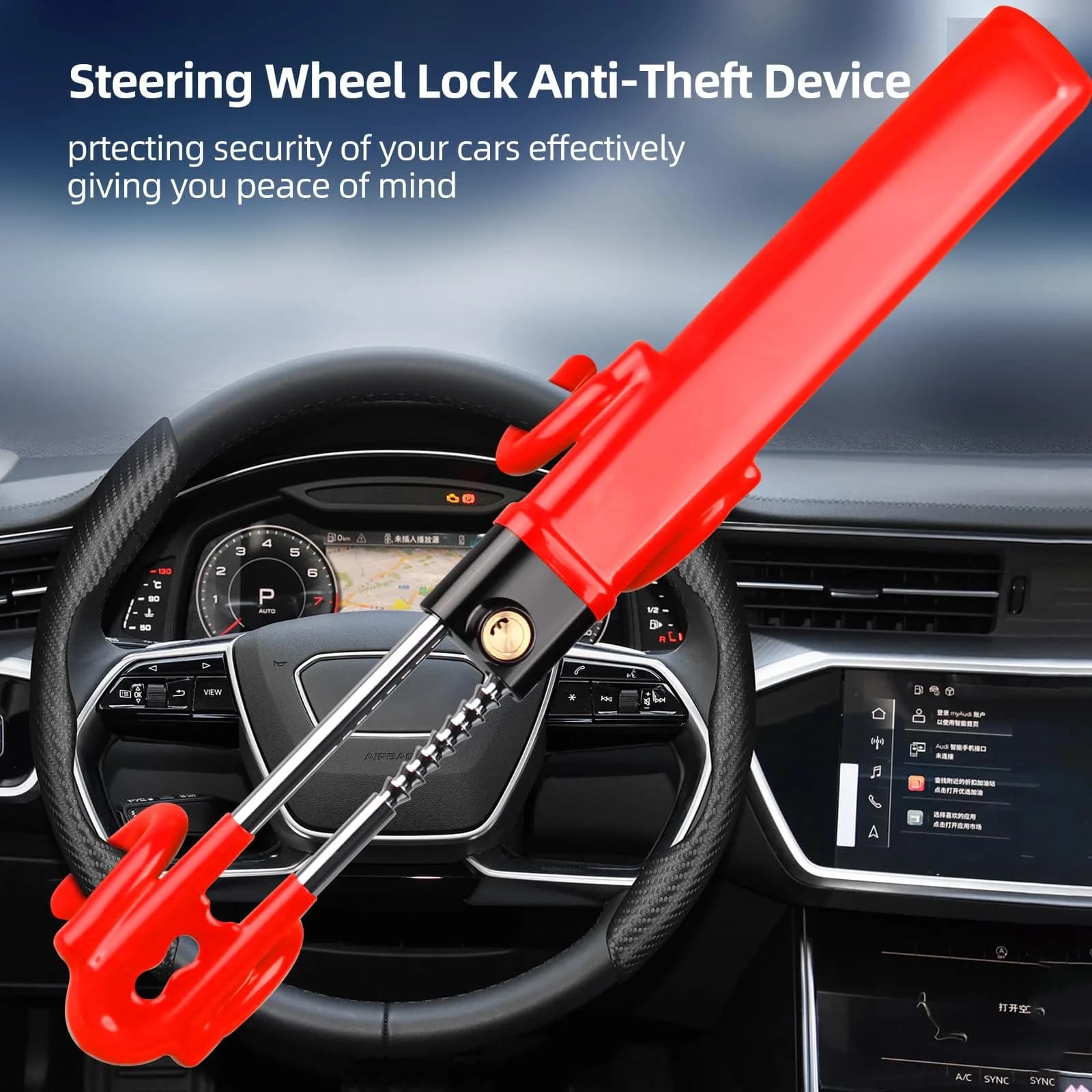 NOEAIKE Heavy Duty Steering Wheel Lock with 2 Keys | Adjustable Carbon Steel Anti-Theft Device for Cars (Red, 1.83 kg) - view 3