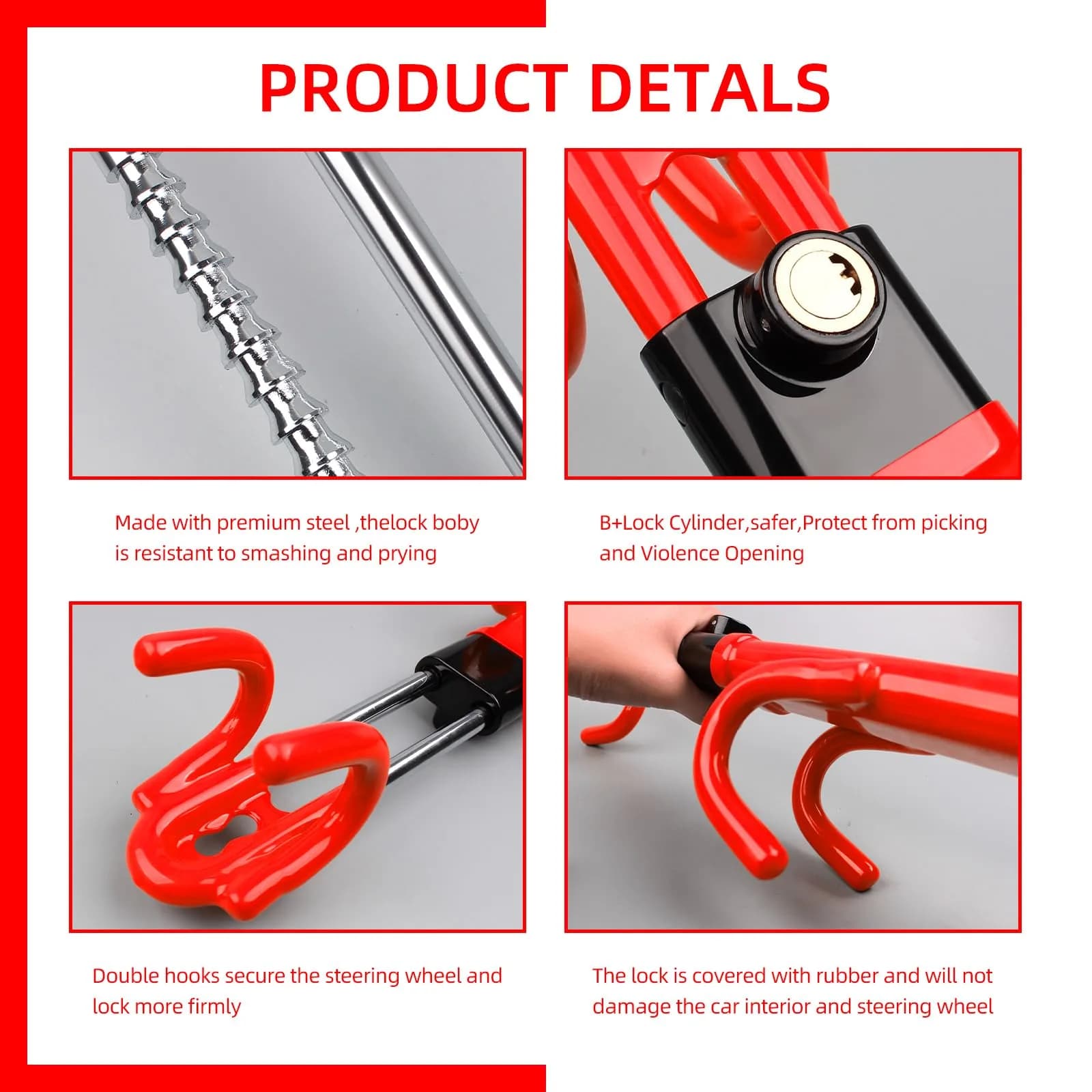NOEAIKE Heavy Duty Steering Wheel Lock with 2 Keys | Adjustable Carbon Steel Anti-Theft Device for Cars (Red, 1.83 kg) - view 4