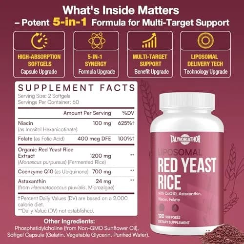 Talyvorlathor Liposomal Red Yeast Rice 1200mg with CoQ10 & Astaxanthin | Cholesterol Support & High Absorption thumbnail 8