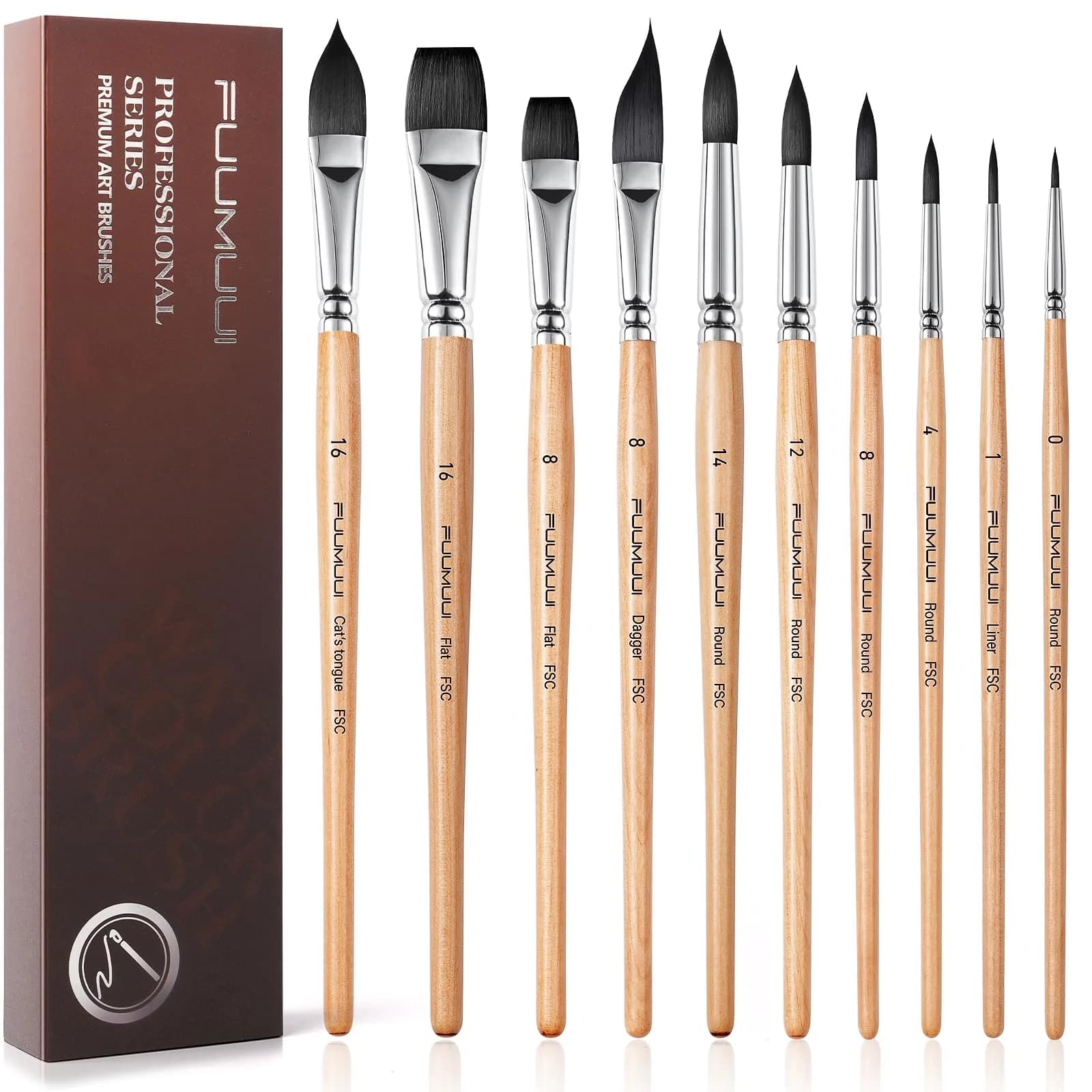Fuumuui Watercolor Brush Set 10pcs Synthetic Squirrel Hair | Flat, Round, Dagger, Cat's Tongue, Oval Wash