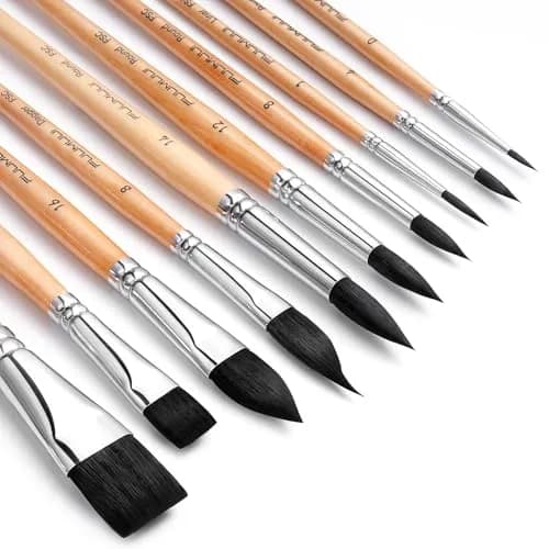 Fuumuui Watercolor Brush Set 10pcs Synthetic Squirrel Hair | Flat, Round, Dagger, Cat's Tongue, Oval Wash thumbnail 2