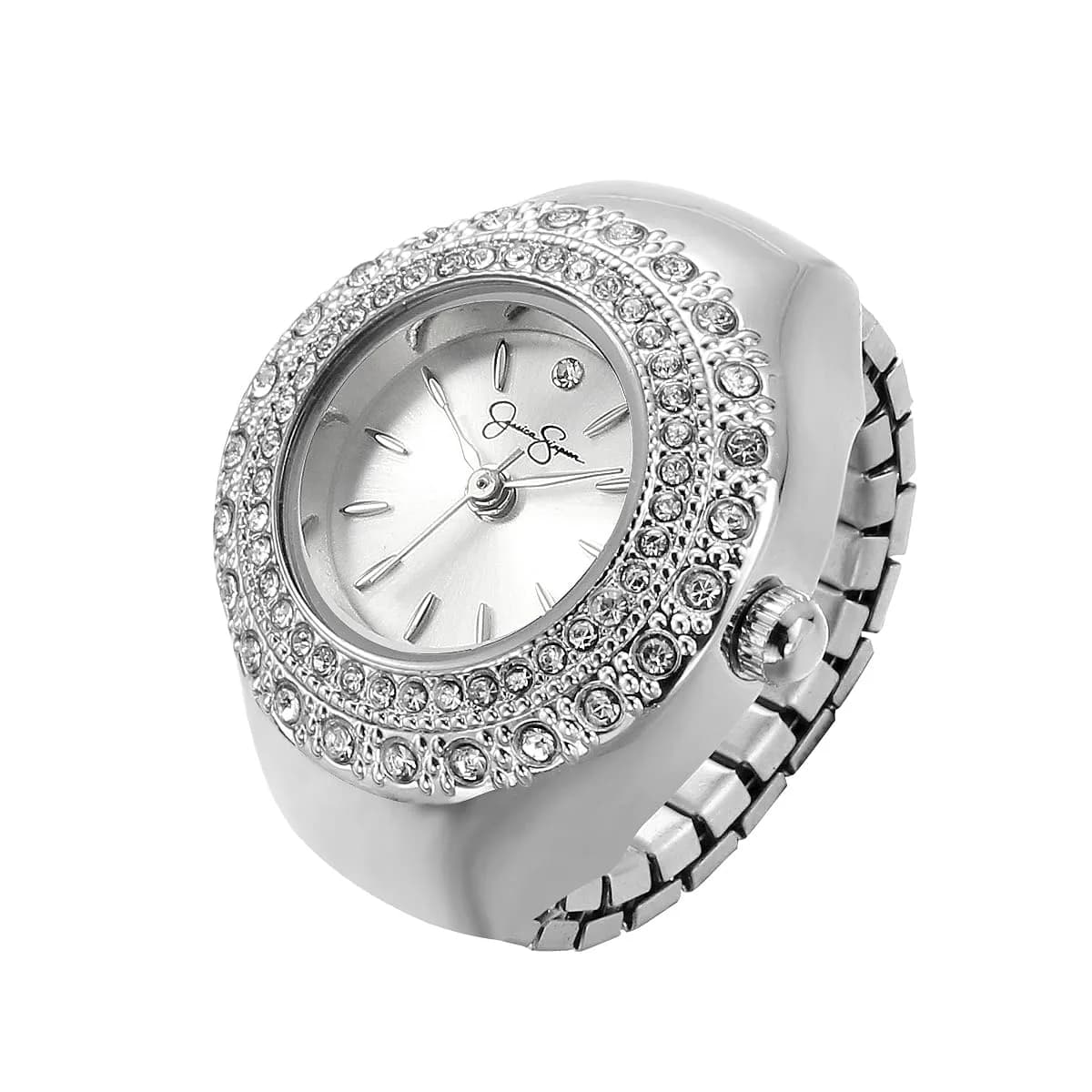 Jessica Simpson Silver Adjustable Ring Watch – Crystal Bezel, Quartz Analog Mini Dial, Stretch Band Fashion Jewelry Accessory