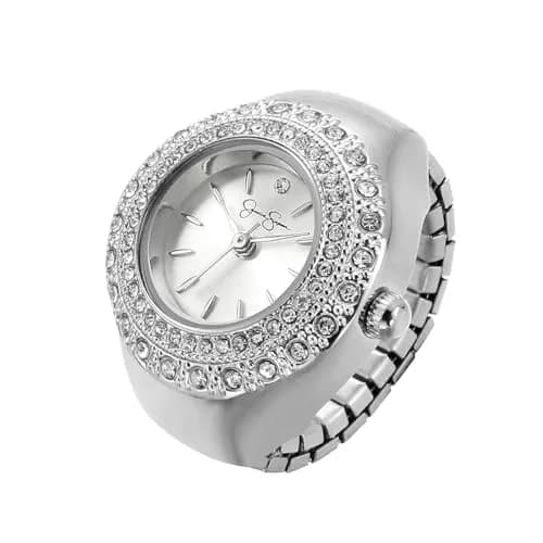 Jessica Simpson Silver Adjustable Ring Watch – Crystal Bezel, Quartz Analog Mini Dial, Stretch Band Fashion Jewelry Accessory thumbnail 1