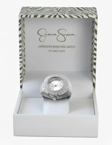 Jessica Simpson Silver Adjustable Ring Watch – Crystal Bezel, Quartz Analog Mini Dial, Stretch Band Fashion Jewelry Accessory thumbnail 9
