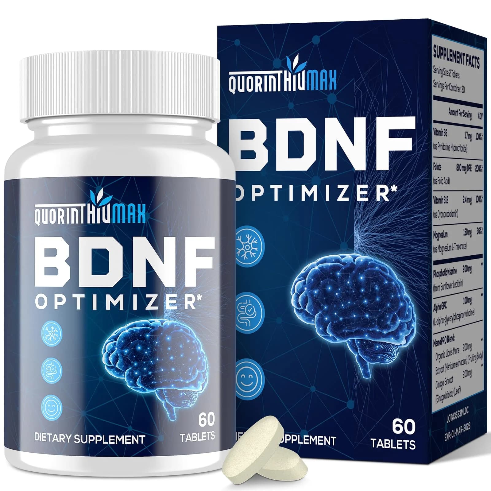 Quorinthiumax Nootropic Brain Supplement 60 Tablets | Organic Lion's Mane & BDNF Optimizer for Memory & Focus — White