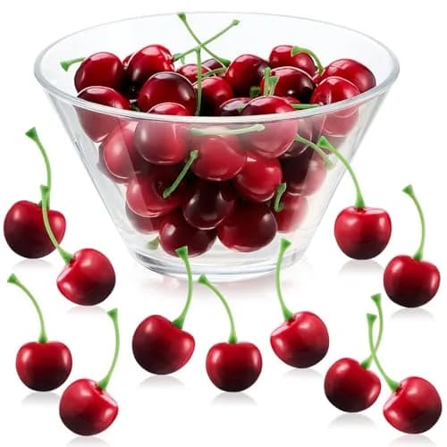Skylety Dark Red Artificial Cherries with Stems, 50 Pieces (2cm) | Realistic Fake Fruit for Decor thumbnail 1