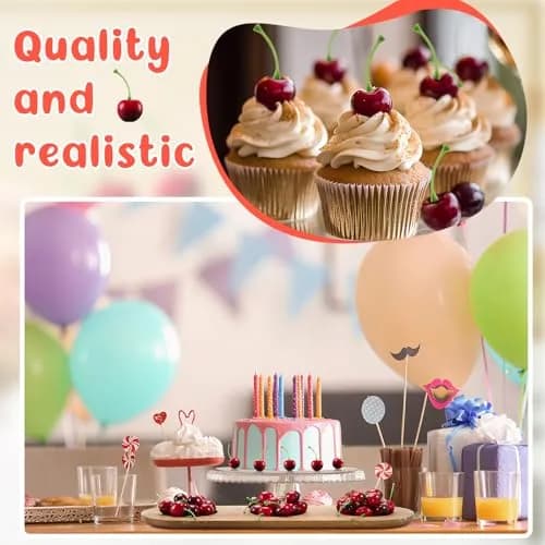 Skylety Dark Red Artificial Cherries with Stems, 50 Pieces (2cm) | Realistic Fake Fruit for Decor thumbnail 4