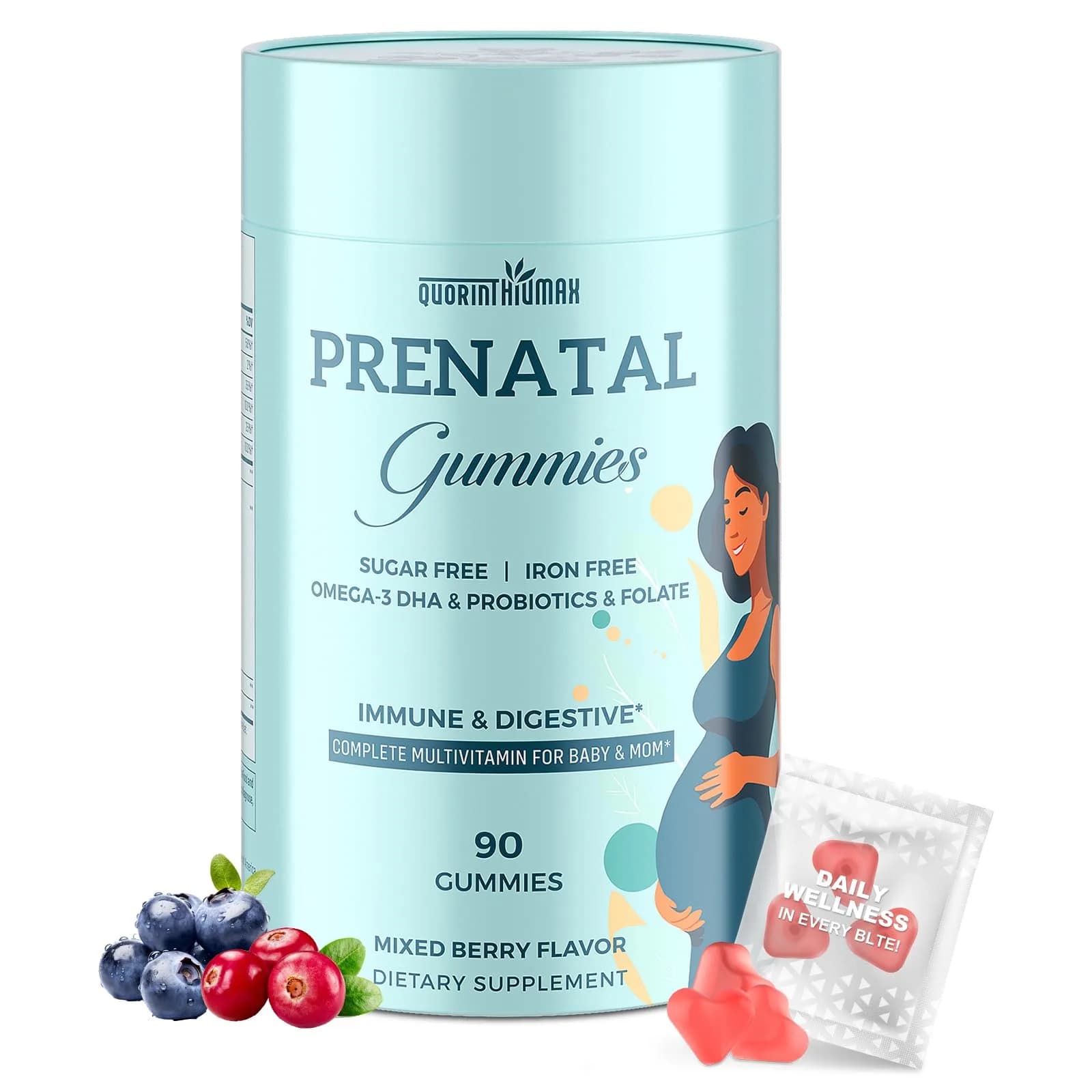 Quorinthiumax Prenatal Gummies Sugar Free 90 Count | Vegan, DHA & Probiotics Support for Expecting Moms — Red