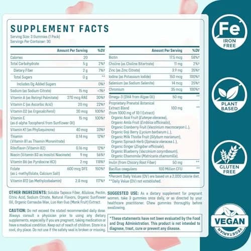 Quorinthiumax Prenatal Gummies Sugar Free 90 Count | Vegan, DHA & Probiotics Support for Expecting Moms thumbnail 2