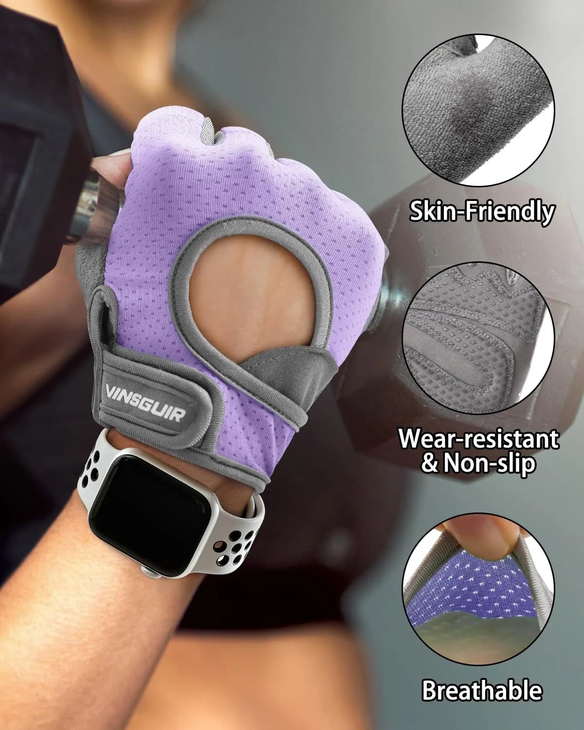 VINSGUIR Lavender/Gray Workout Gloves for Women & Men - Small Size - view 3