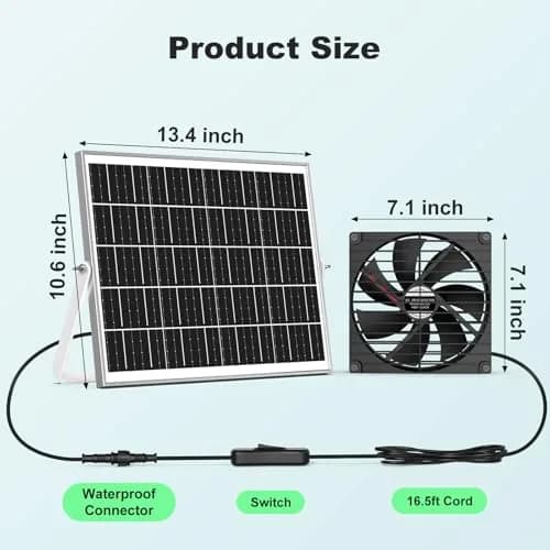 pqins 7.1" Solar Greenhouse Fan 25W | 720 CFM Exhaust & Intake | 16.5 ft Cord thumbnail 2