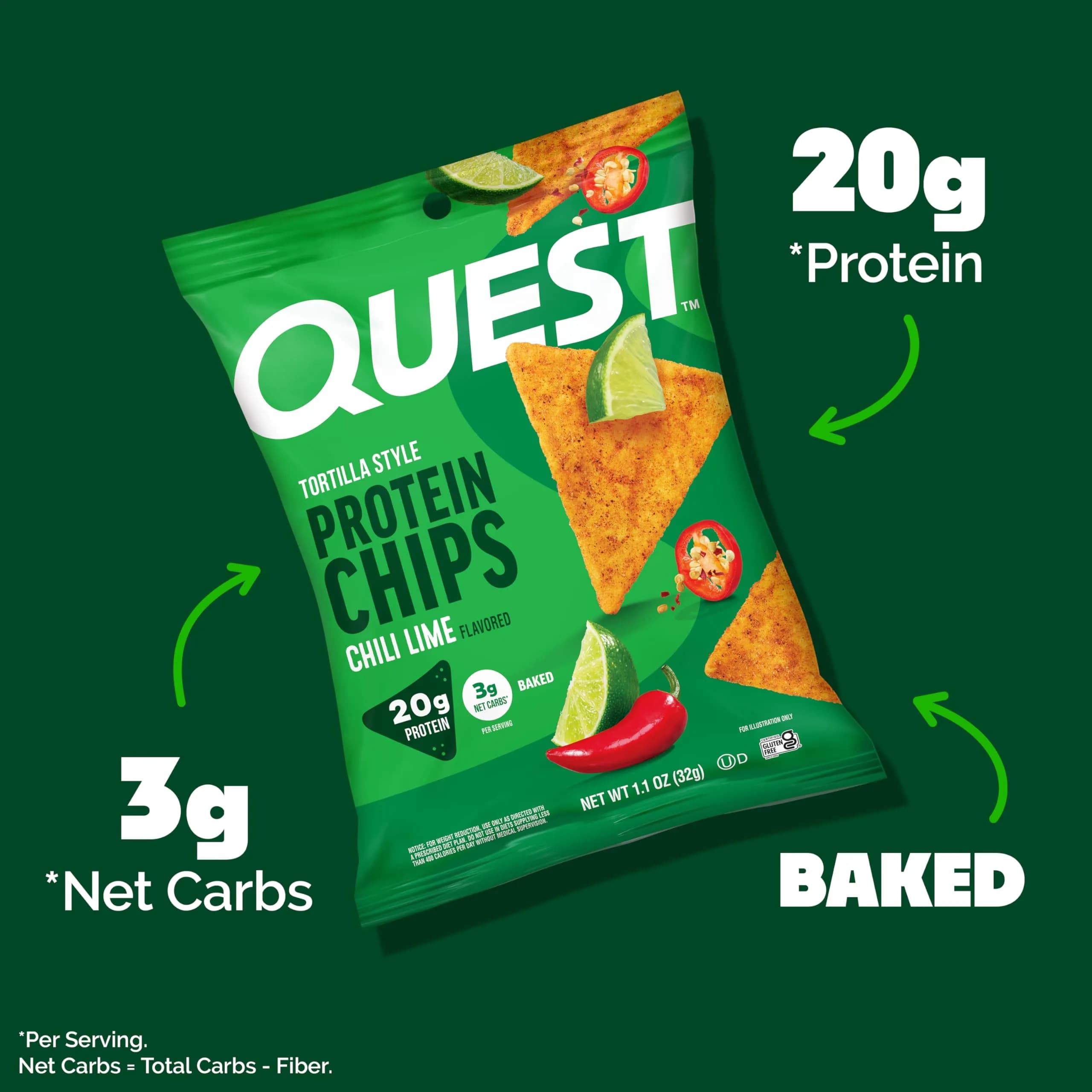 Quest Nutrition Chili Lime Tortilla Style Protein Chips 4 Pack | Baked, Gluten-Free, 20g Protein, 3g Net Carbs - view 2
