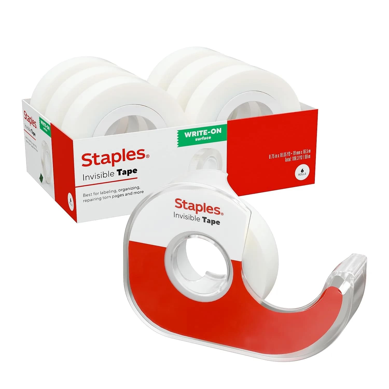 Staples Invisible Clear Tape with Dispenser 0.75in x 18yds | Seamless Office Adhesive