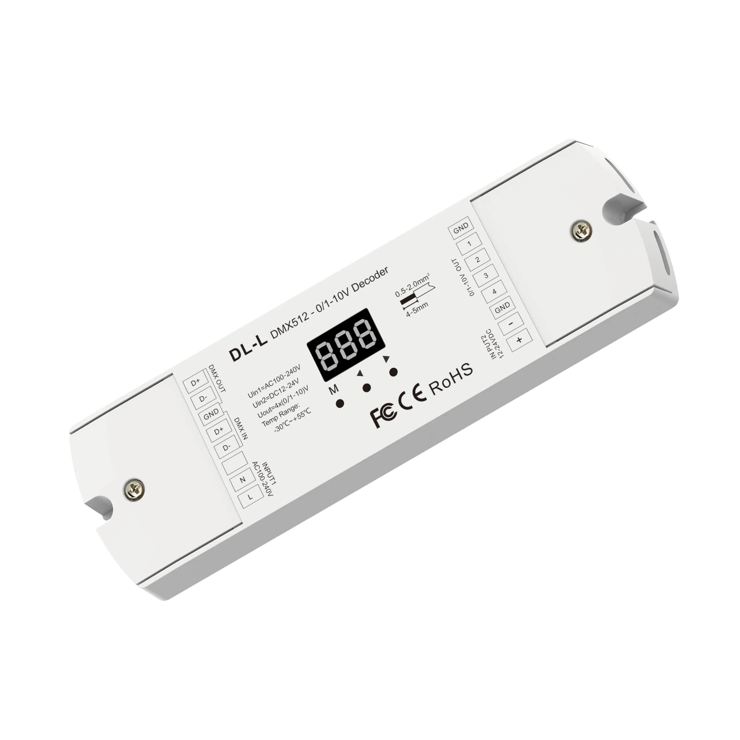 Nutbro DMX512 to 0-10V Decoder 4-Channel Dimmer 5-24VDC | RGB/RGBW Controller with Digital Display — Dl-l