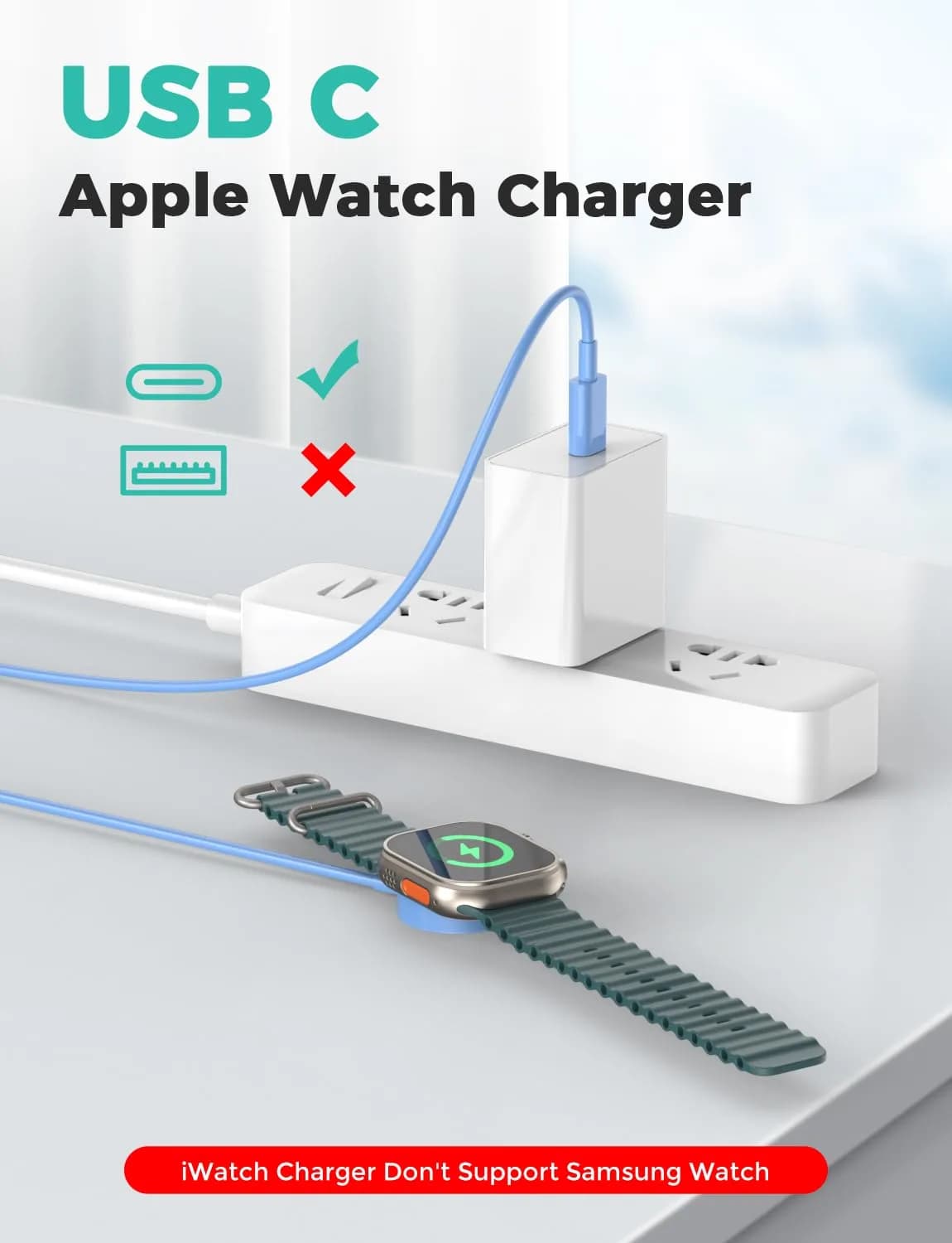Amasuki USB C Magnetic Fast Charger for Apple Watch (Blue, 1m) | Smart Charging Cable for Series 1-11 - view 2