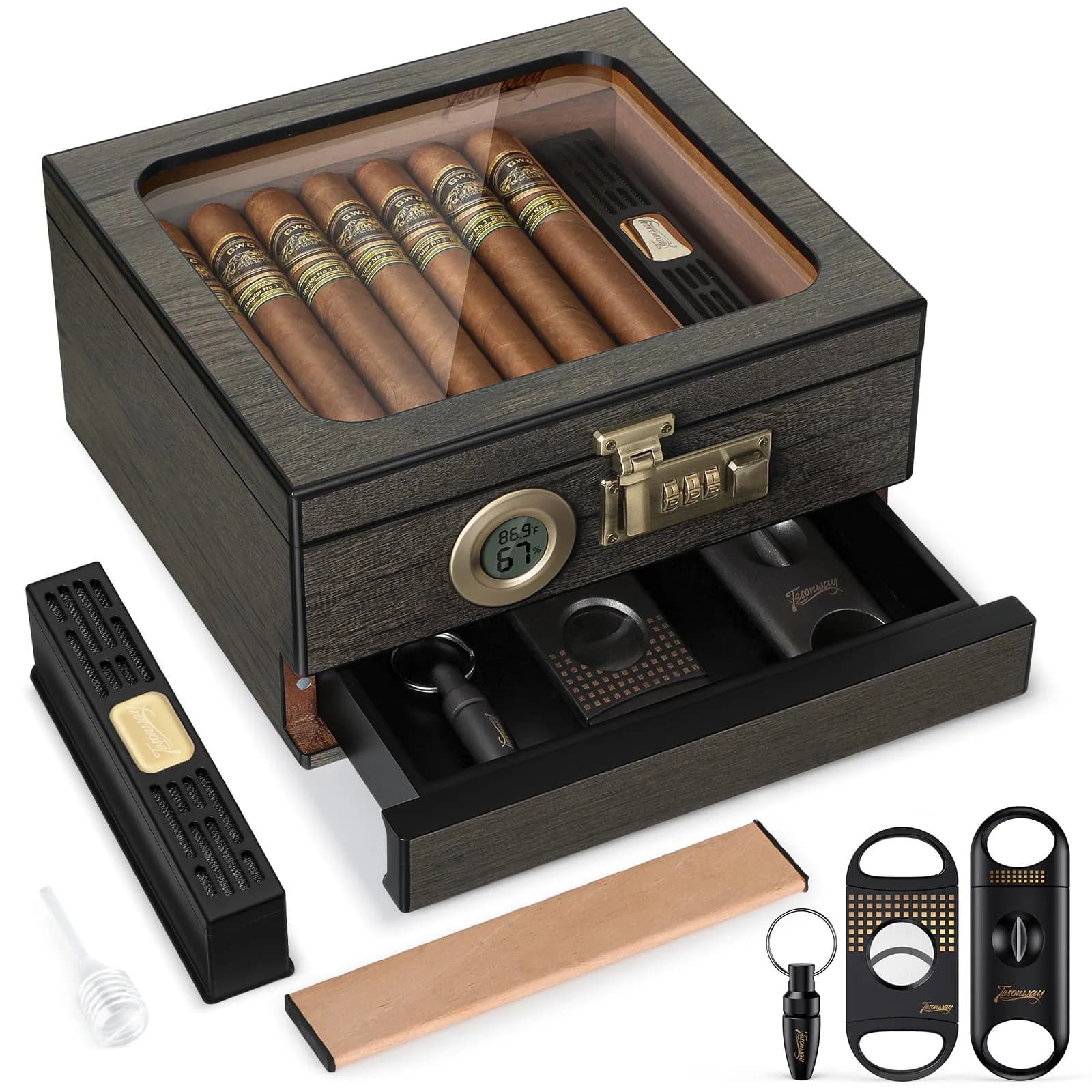 Tesonway Cedar Wood Cigar Humidor with Glass Top & Digital Hygrometer, 20-45 Cigar Capacity | Imported for India - main product image
