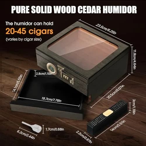 Tesonway Cedar Wood Cigar Humidor with Glass Top & Digital Hygrometer, 20-45 Cigar Capacity | Imported for India thumbnail 5
