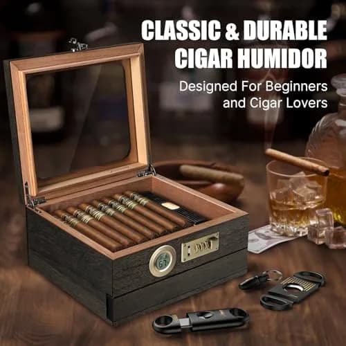 Tesonway Cedar Wood Cigar Humidor with Glass Top & Digital Hygrometer, 20-45 Cigar Capacity | Imported for India thumbnail 8