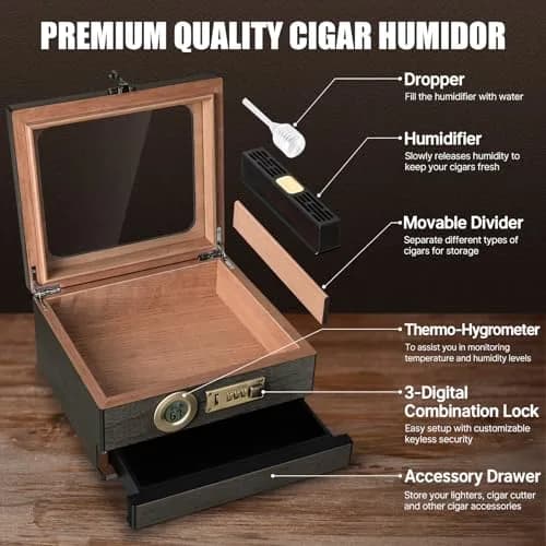 Tesonway Cedar Wood Cigar Humidor with Glass Top & Digital Hygrometer, 20-45 Cigar Capacity | Imported for India thumbnail 2