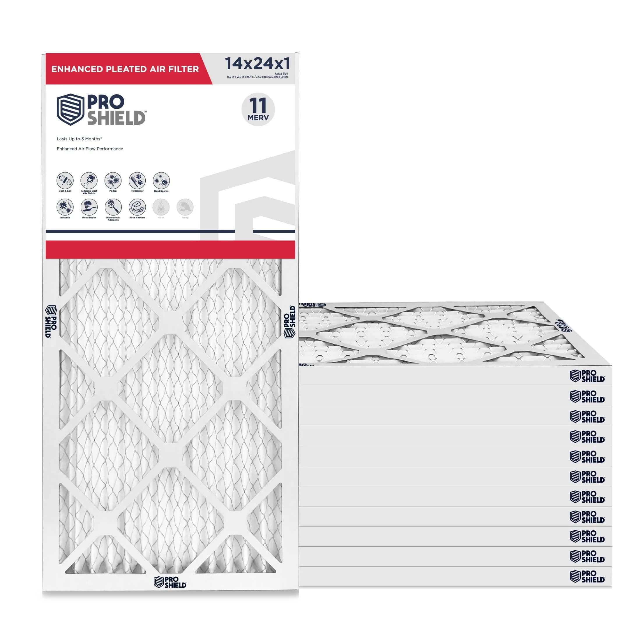 ProShield 14x24x1 MERV 11 Pleated HVAC Air Filter 12-Pack | Captures 90% of Particles 1-3 Microns — 14" x 24" x 1"